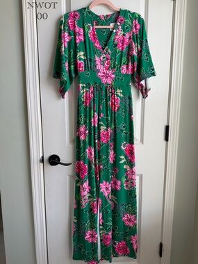 Lilly Pulitzer Green Maxi Dress with Pink Floral Print